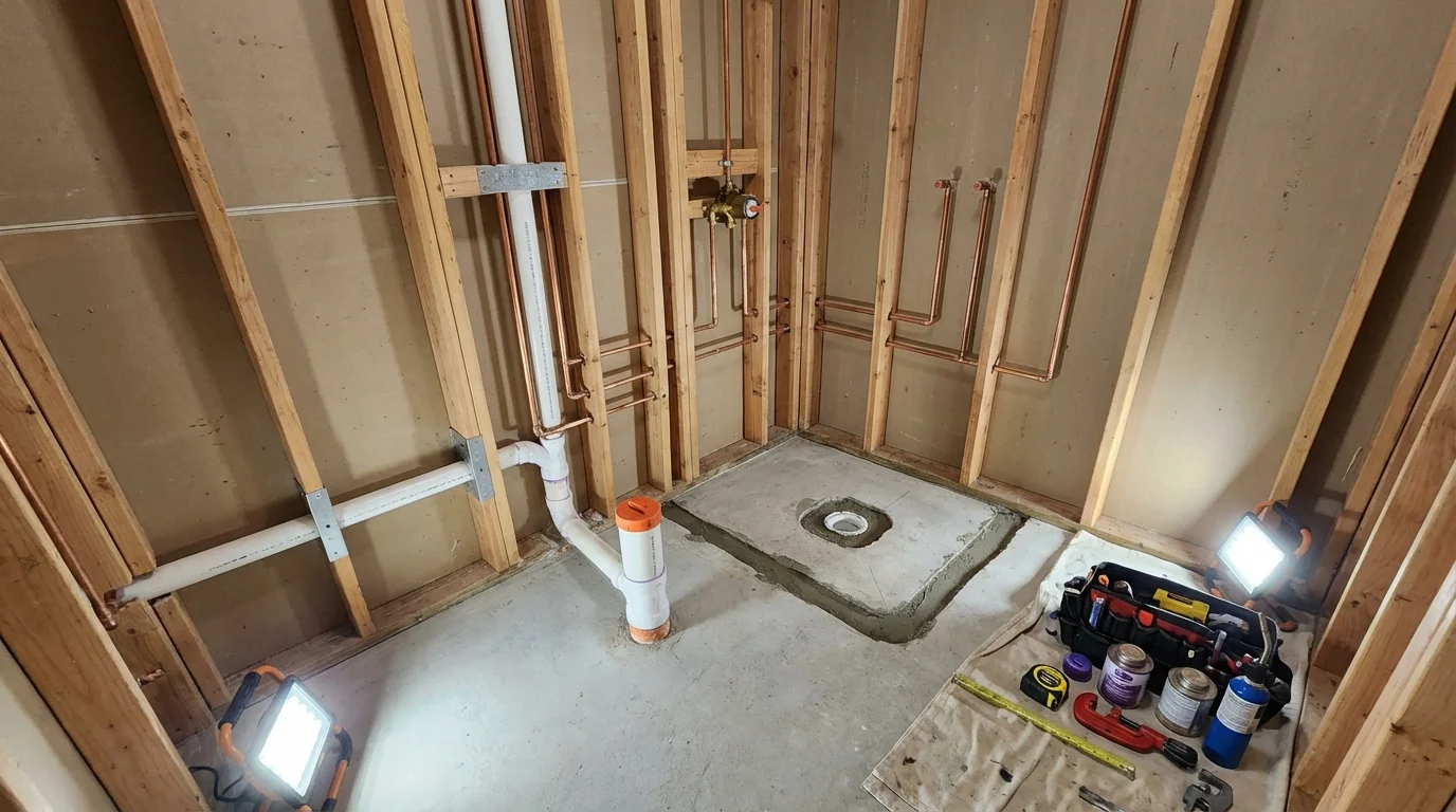 Bathroom rough-in plumbing during remodel by Johns Plumbing LLC in Dighton
