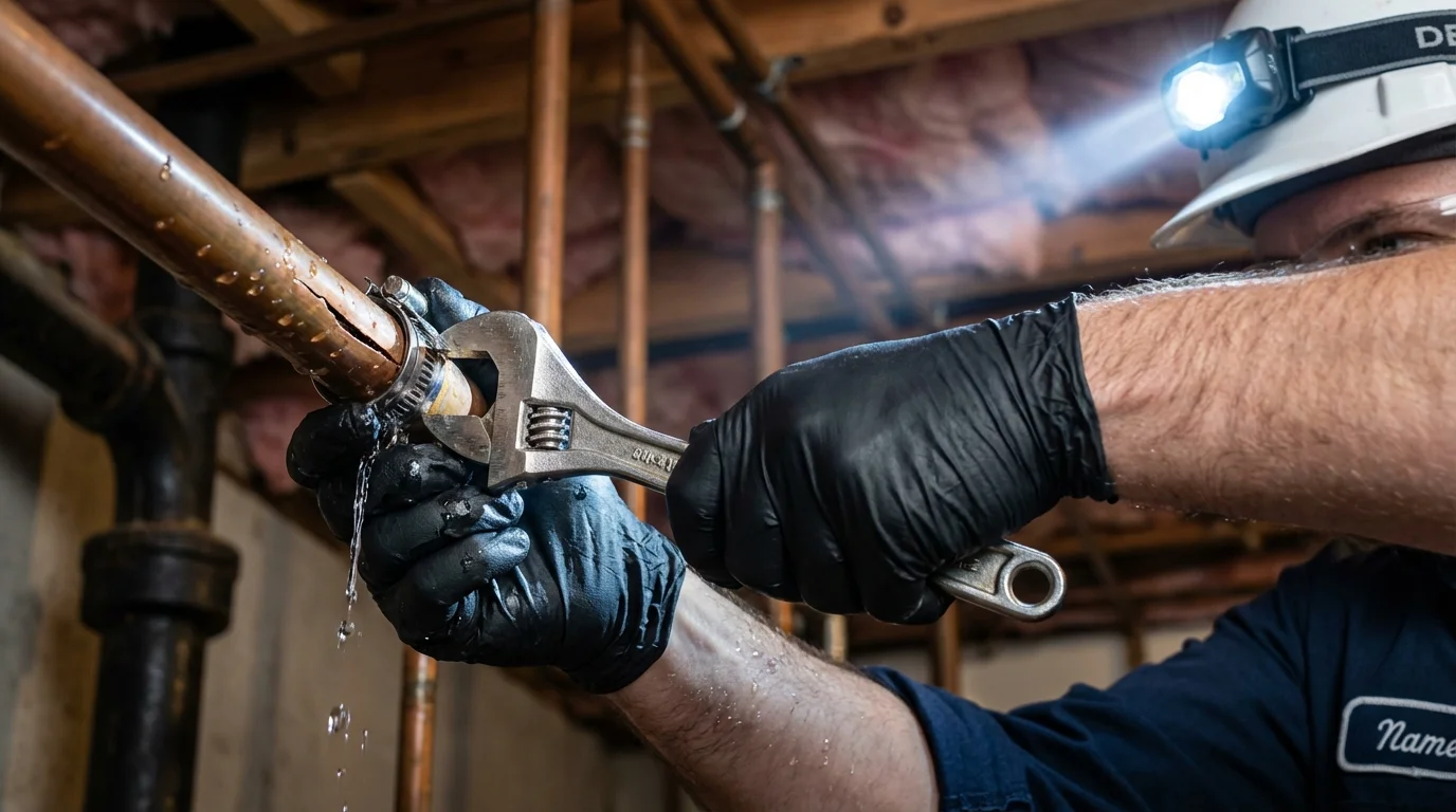Emergency pipe clamp repair being performed by a Johns Plumbing LLC plumber in Dighton