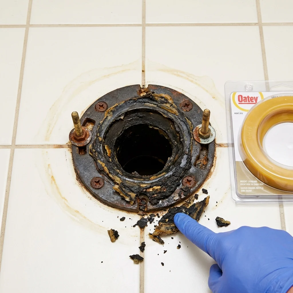 Failed wax ring showing water seepage at the base of a toilet in a Dighton, MA home