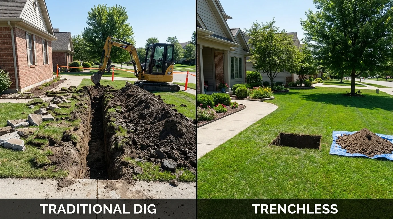 Trenchless sewer repair with minimal yard damage versus traditional excavation in Dighton, MA